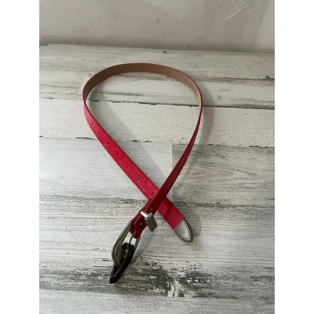 Genuine bonded red leather belt with embossing and silver tone buckle
